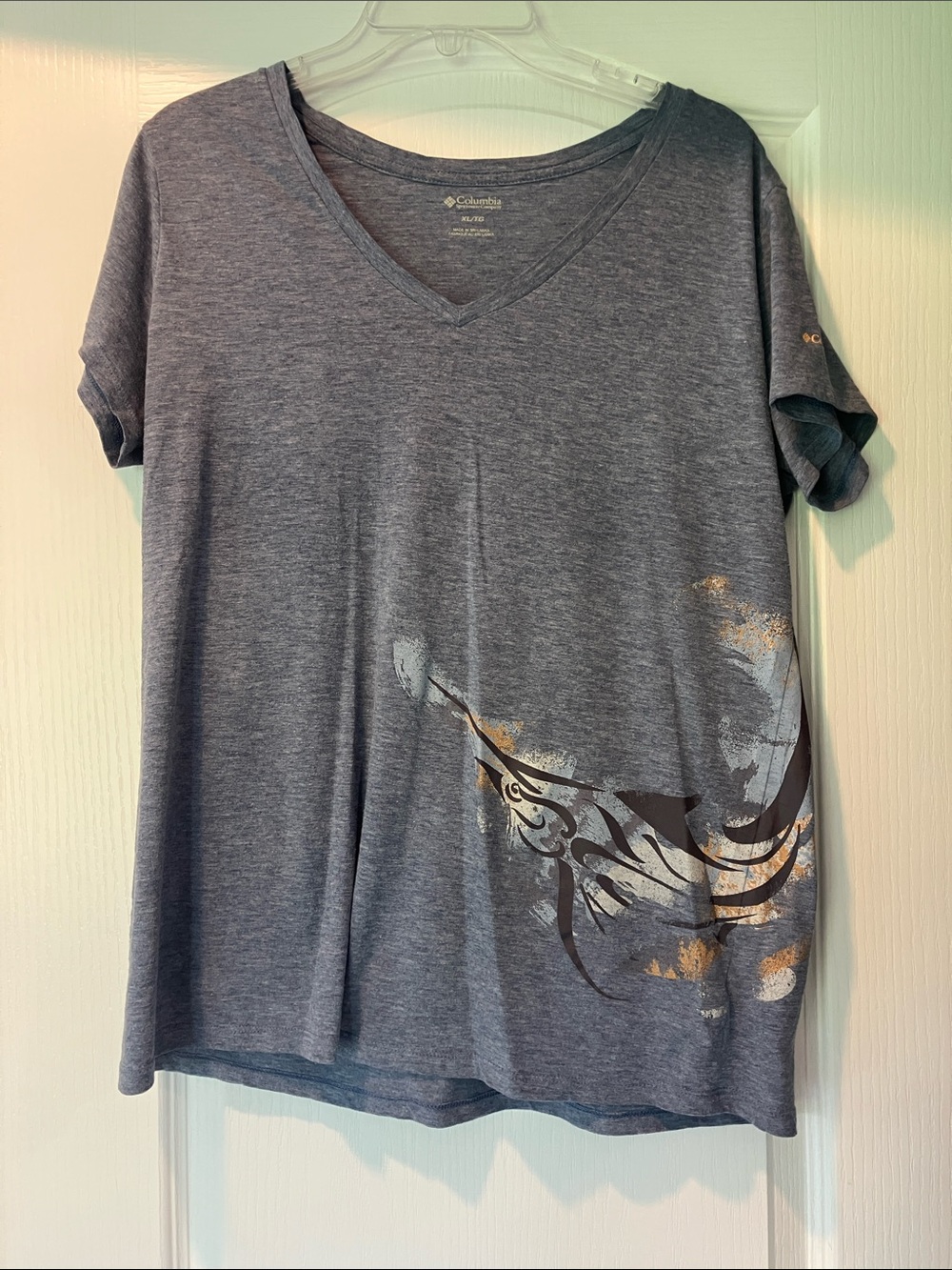 Columbia Heather Blue V-Neck Tee with Subtle Silver Logo